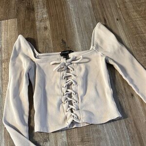 Forever 21 Cream Lace-Up Ribbed Blouse